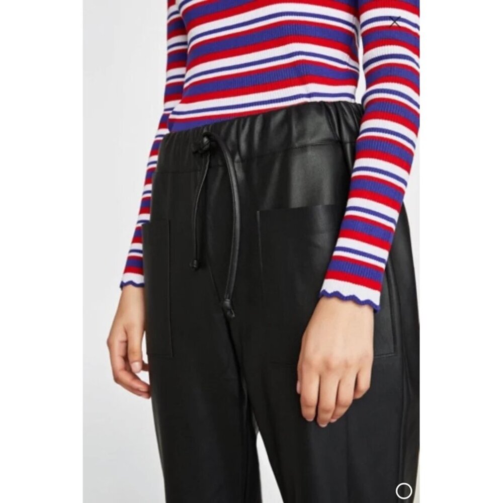 NWOT Zara black faux leather ankle length drawstring waist pants, L